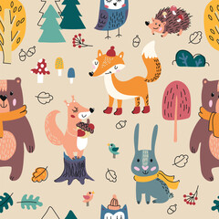 Childish vector seamless pattern with forest animals