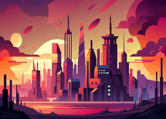 A futuristic, dystopian cityscape with pollution and towering skyscrapers. vektor illustation