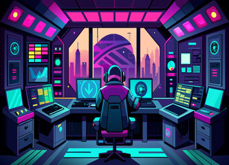 A cyberpunk hacker's lair filled with computer screens and holographic displays. vektor illustation - obrazy, fototapety, plakaty