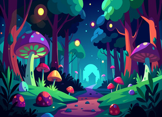 Fototapeta na wymiar A magical, forest glade with enchanting creatures and glowing mushrooms. vektor illustation