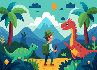 A time-traveling adventurer encountering dinosaurs in a prehistoric world. vektor illustation