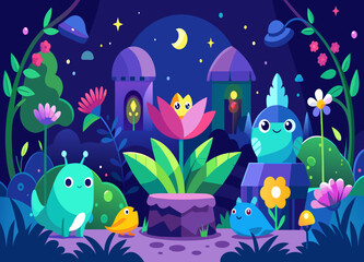 A magical, enchanted garden with talking animals and animated flowers. vektor illustation