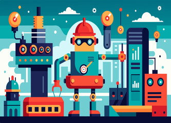 A robotic, AI-controlled factory with advanced automation and robotic workers. vektor illustation