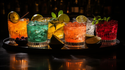 Alcoholic cocktail row on bar table, colorful party drinks. 