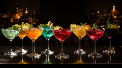 tasty cocktail in the bar. Multi-colored alcoholic cocktails with citrus in glasses on the bar.