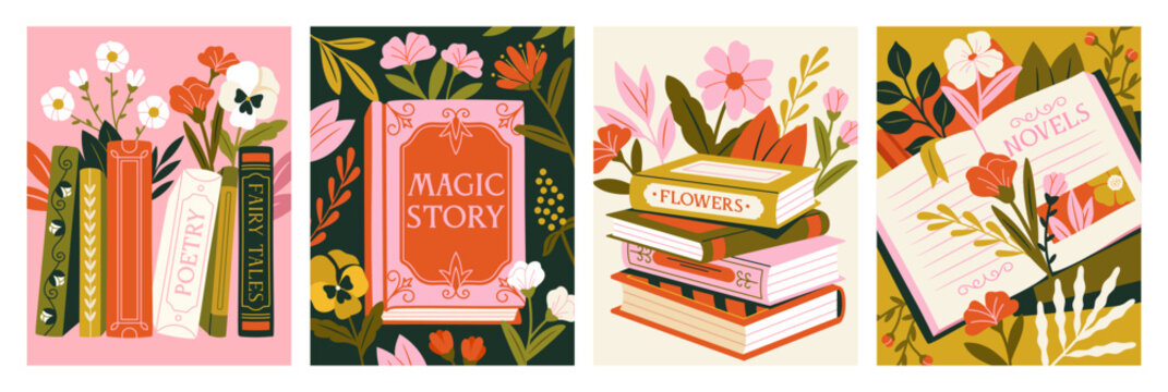 Vector Set of Books with flowers