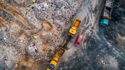 Aerial view garbage metal truck unload garbage consumption junkyard scarp, Global warming, Ecosystem and healthy environment concepts. Generative Ai