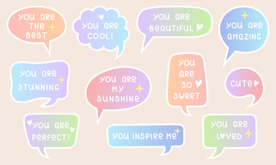 Compliment stickers. Cute speech bubbles with compliments. `Positive stickers with hand written phrases and doodle elements. Self love, motivation or world compliment day theme. Vector illustration. - obrazy, fototapety, plakaty