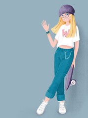 A skater girl in jeans and a white T-shirt holds a skateboard in her hands and waves her hand in greeting
