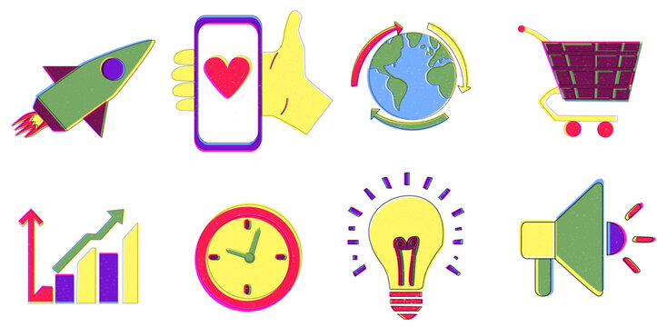 Sheet of useful icons in colorful risograph style. Ideas, world, mobile phone, shopping cart, bar chart, launcher, time, speak.