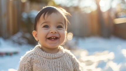 Portrait of a smiling baby girl in a knitted sweater on a background of snow