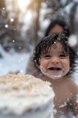 Cute little baby girl with a big cake in the snow.