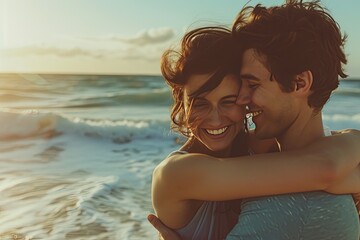 couple hugging on a beach, space for text