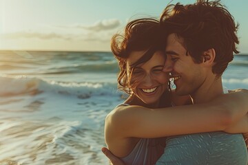 Fototapeta premium couple hugging on a beach, space for text