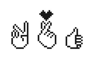 Hand gesture set. Pixel human hand like, peace, korean heart sign.