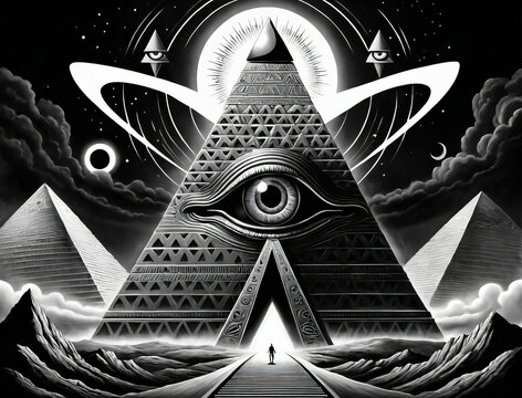 Cryptic Illuminati Pyramid with Mysterious Alien Symbols and Retro-Futuristic Dystopian Propaganda Posters Gen AI