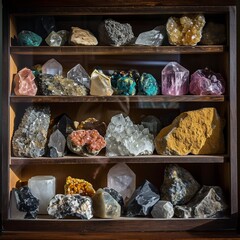 Variety of Colorful and Textured Mineral Rocks Displayed on Wooden Shelves, Collection of Geology Specimens