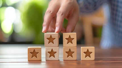 Man hand holding Star block. Customer choose rating for user reviews.