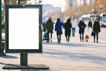Blank billboard on the street with people walking in the background.