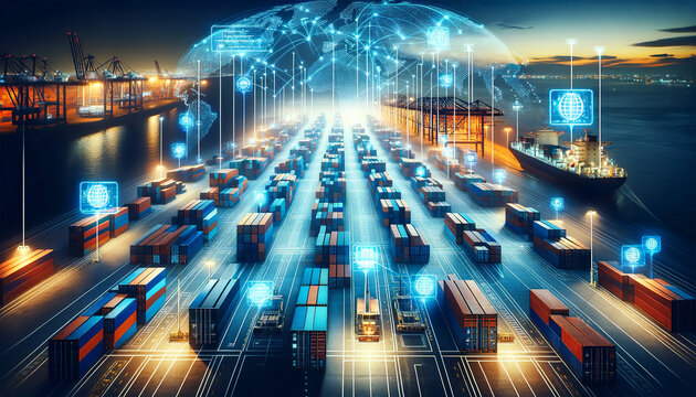 Dusk settles over a futuristic shipping port where containers are neatly organized, and digital networks with holographic interfaces hover above,illustrating a high-tech logistics system.AI generated.