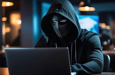 Hacker in a black hoodie with a hood pulled over his head sits at a desk and stares into a laptop...