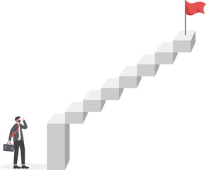 First step is hardest, learning curve or overcome difficulty when start new business, challenge to succeed in work concept, discouraged businessman looking at high steep first step of success stairway