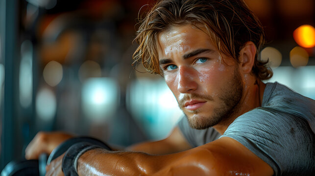 portrait of a sweaty guy after exercising in the gym