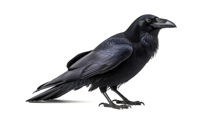 Black crow standing isolated on white background, showcasing its plumage and profile. Side view