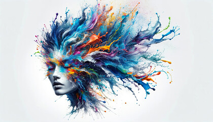 Obraz premium An artistic representation of a face profile with a vivid explosion of colorful paint splotches, providing a creative visual representation for the human imagination.Digital art concept.AI generated.