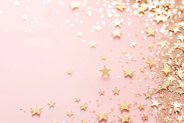 Fototapeta na wymiar Birthday Background Pastel Peach Colours delicate powder pink Glitter Stars falling with soft caramel brown copy space 