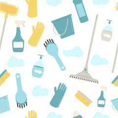 Cleaning seamless pattern. Equipment elements for wash house endless background on white background. Housework service covert. Bucket, gloves and mop spray bottle various tools. Vector illustration