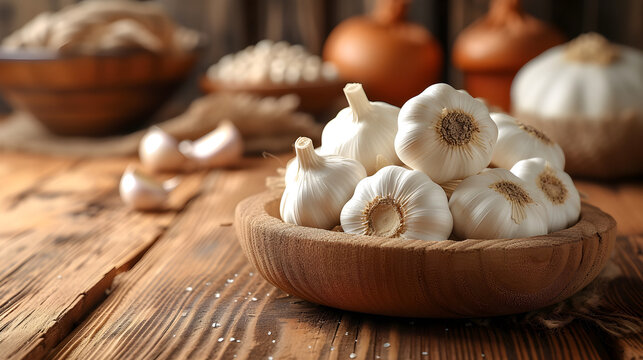 Garlic in a wooden plate on the table