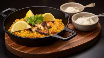 Authentic Spanish Paella: A Culinary Masterpiece perfectly cooked rice, richly seasoned with saffron and mixed with a variety of meats and seafood