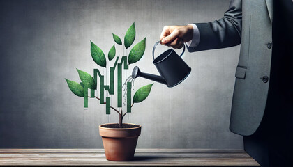 Conceptual image of a person in a suit watering a potted plant that creatively sprouts growing bar charts instead of traditional leaves,symbolizing financial growth or investment.AI generated.