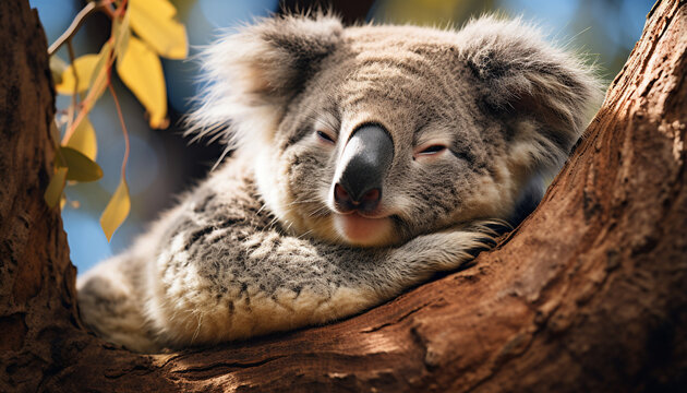 Cute koala sleeping on eucalyptus tree branch, eyes closed peacefully generated by AI