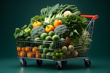 grocery cart with fruits, vegetables and other products from the supermarket on a dark background