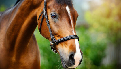 A beautiful Arabian bay horse with a bridle, showing off its majestic face and captivating eye.