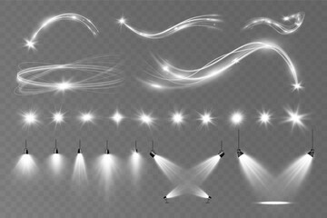 Light white wave and spotlight shine effect,vector glow line sparkle shine. Silver wavy effects.	

 - obrazy, fototapety, plakaty