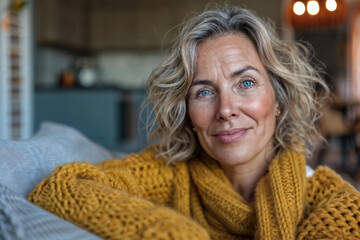 Woman in Cozy Yellow Knit Sweater. Generative AI