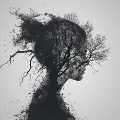 mothers day sad lady silhouette in black,  Pregnancy depression medical concept and psychology symbol for a pregnant mother or depressed woman , tree branches art  - obrazy, fototapety, plakaty