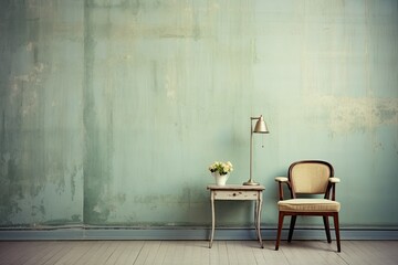 Scandinavian interior design in vintage retro shabby chic style with antique shabby wall - obrazy, fototapety, plakaty