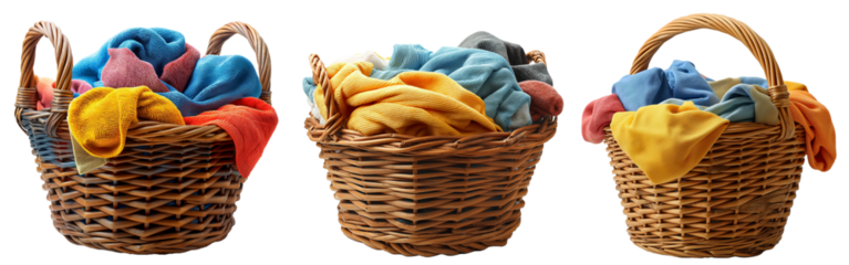Group of Wooden wicker basket that holds lots of used clothes and prepares them for washing. isolated on transparent background