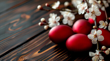 Obraz na płótnie Canvas Easter eggs with flowers on a wooden table