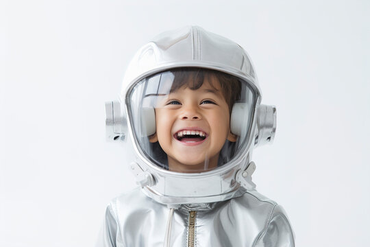Child in a space helmet. Boy playing to be an astronaut with space helmet and metal suit. Cosmonaut concept. Little boy in space suit wearing helmet.
