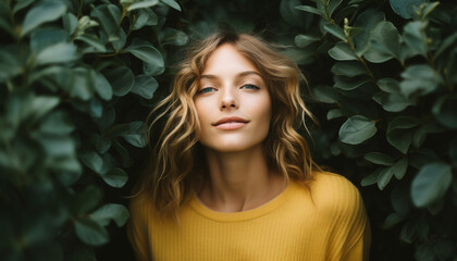Young woman with long blond hair looking at camera outdoors generated by AI