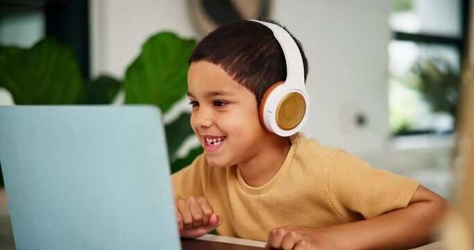 Child, headphones or laptop for online learning on kids website, subscription or education game in kitchen. Happy, boy or maths app with audio for digital tutor, fun or development by abacus in home