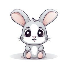 A cartoon illustration of a grey bunny with pink ears and cheeks. It has big eyes and is sitting on the floor.