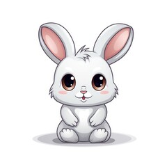 A white cartoon bunny with brown eyes, pink ears, and a pink nose. It has a cute expression and is sitting on the ground.