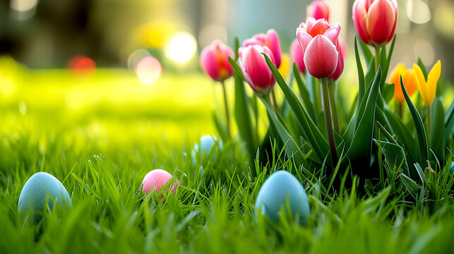 Easter eggs with tulips on green grass on a sunny day