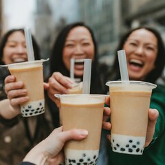 Woman drinking Boba milk tea
